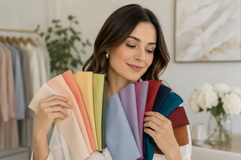 Mujer realizando un análisis de colorimetría con telas de las estaciones primavera, verano, otoño e invierno